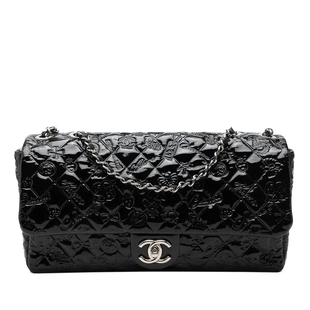 Chanel Jumbo Patent Embossed Lucky Symbols Flap Black Leather Very good - Front View