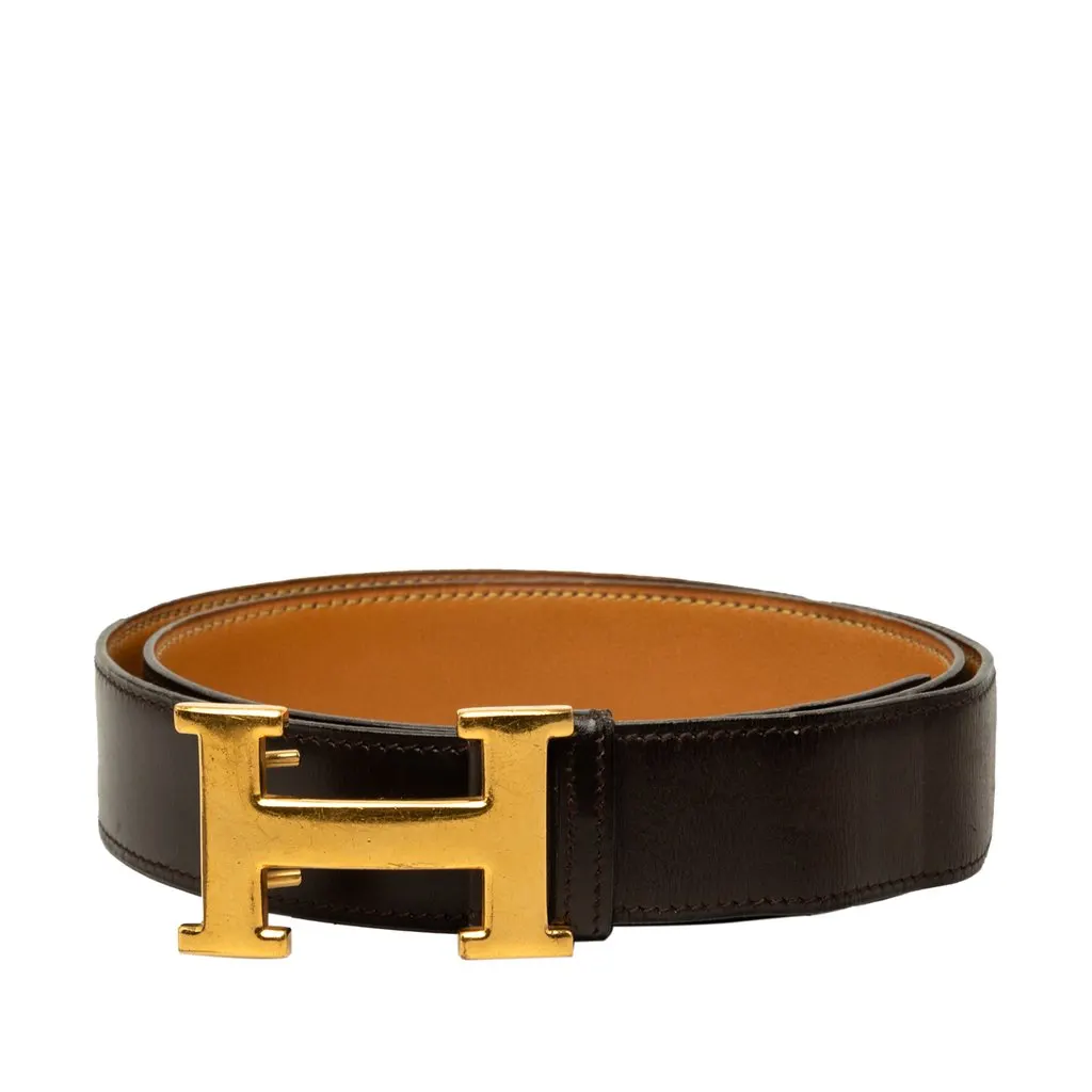 Hermès Box Calf and Togo Constance H Reversible Belt Black Leather Very good - Front View