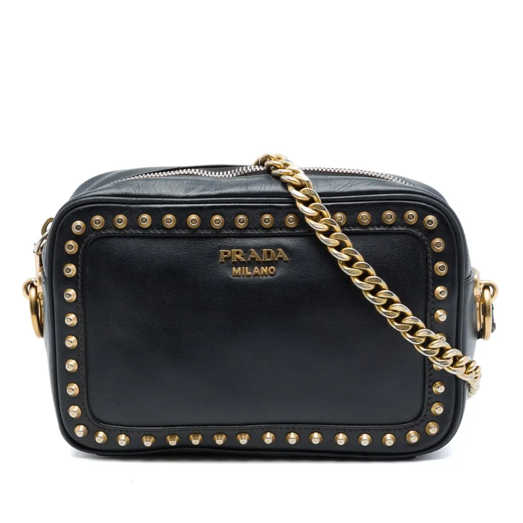 Prada City Calf Studded Camera Bag Black Leather Very good - Front View