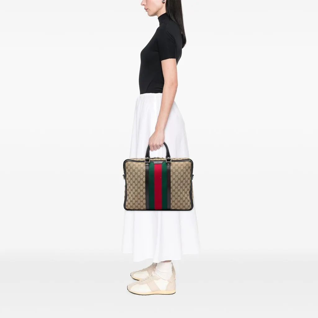 Gucci GG Canvas Web Briefcase Beige Very good - Box View