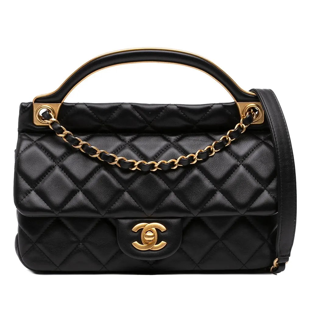 Chanel Small Quilted Calfskin Lady Handle Clutch With Chain Black Leather Very good - Front View