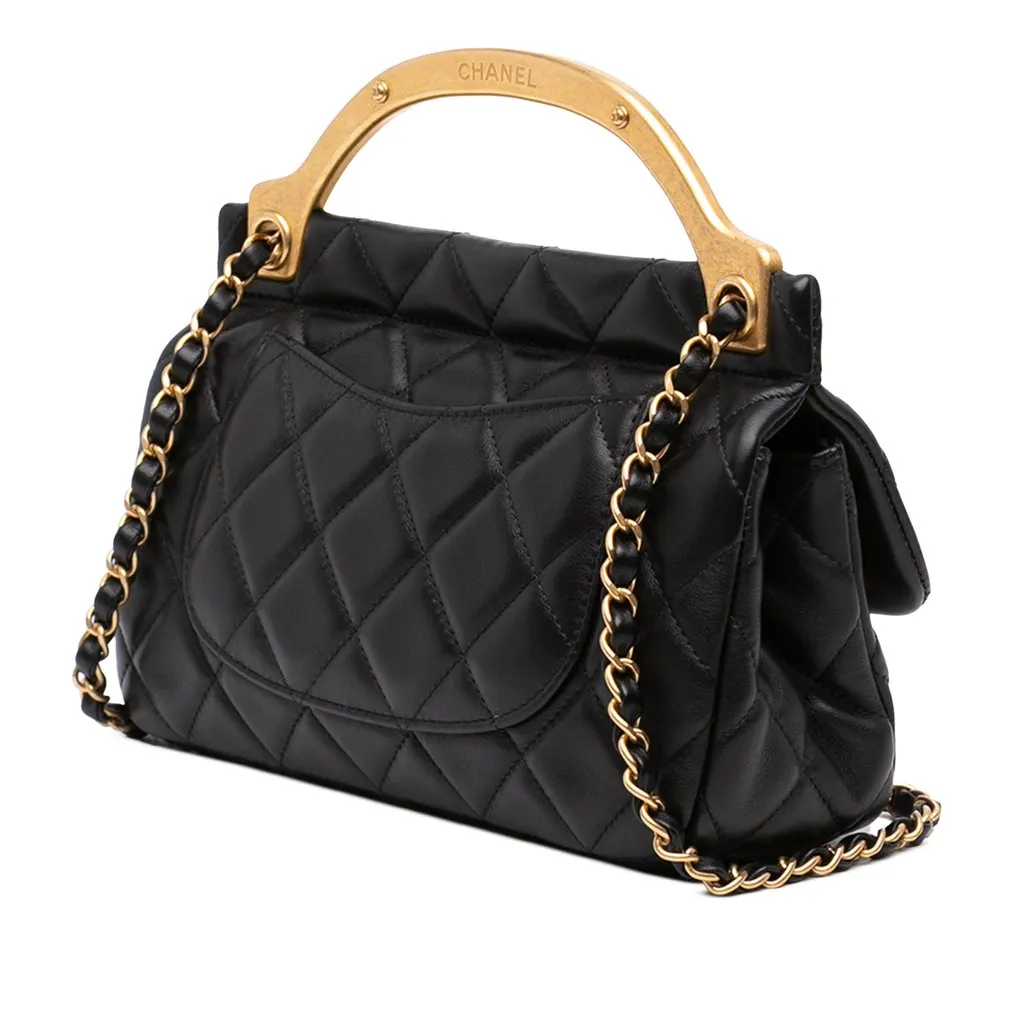 Chanel Small Quilted Calfskin Lady Handle Clutch With Chain Black Leather Very good - Back View