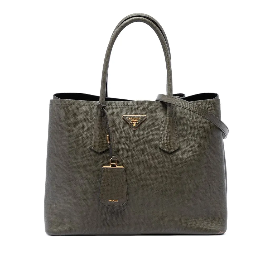 Prada Large Saffiano Cuir Double Satchel Green Leather Very good - Front View
