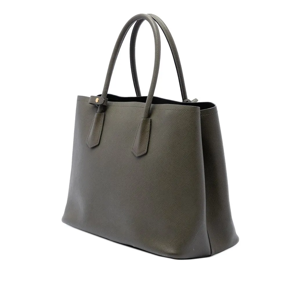 Prada Large Saffiano Cuir Double Satchel Green Leather Very good - Back View