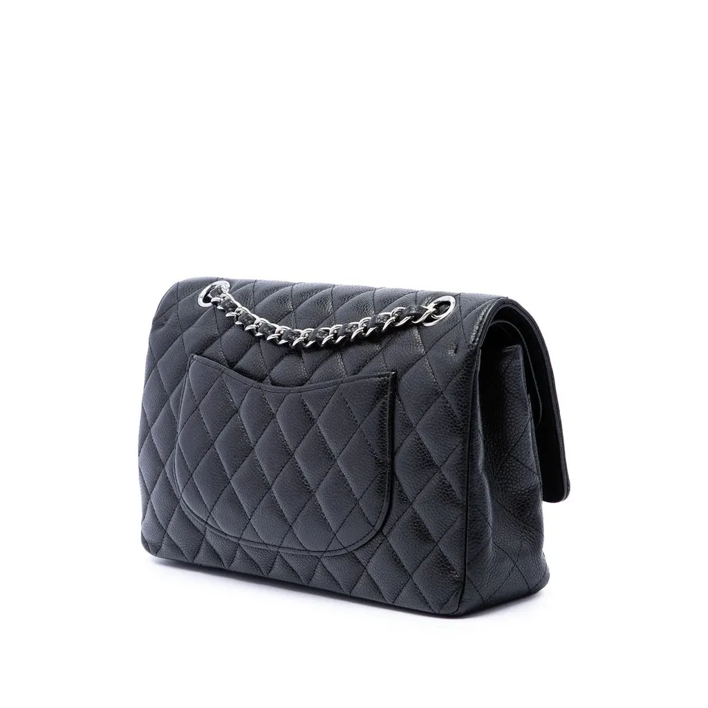 Chanel Medium Classic Caviar Double Flap Black Leather Good - Back View