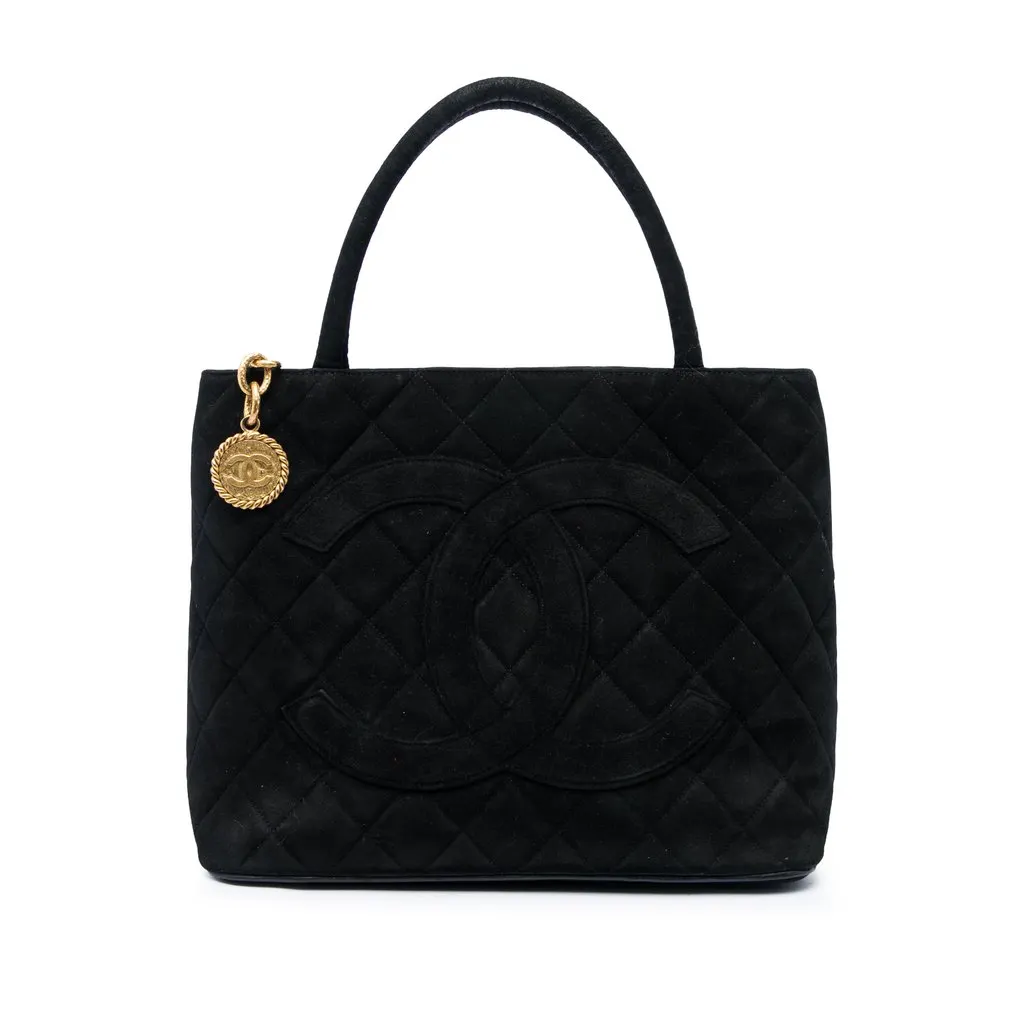 Chanel Suede Medallion Tote Black Leather Very good - Front View