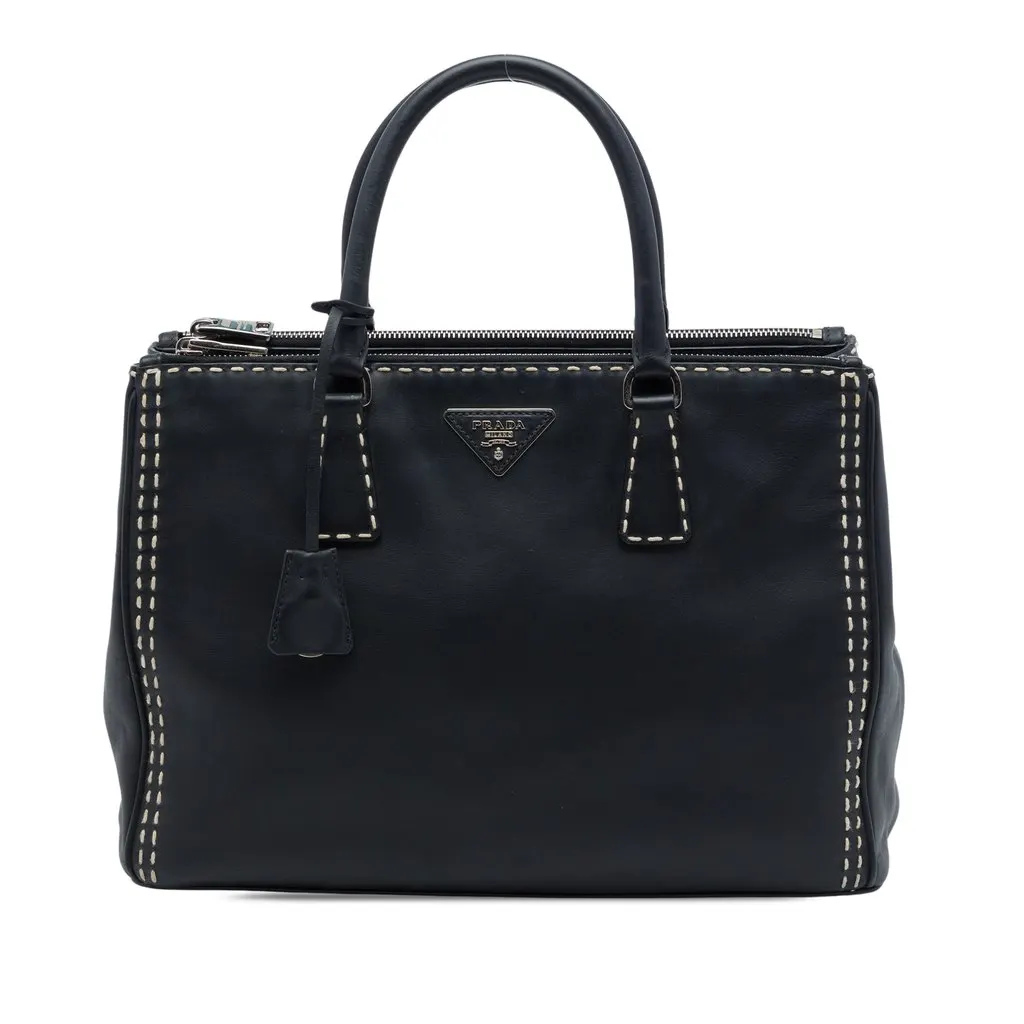 Prada Medium City Calf Hand Stitched Galleria Double Zip Satchel Black Leather Very good - Front View