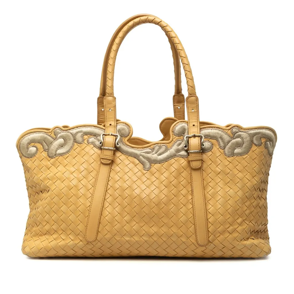 Bottega Veneta Embroidered Nappa Intrecciato Tote Yellow Leather Very good - Front View