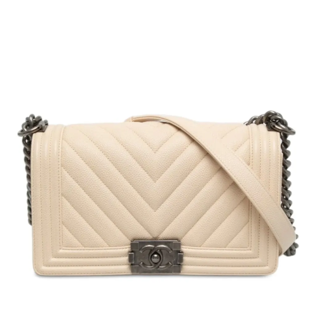 Chanel Old Medium Chevron Caviar Boy Flap Brown Leather Very good - Front View