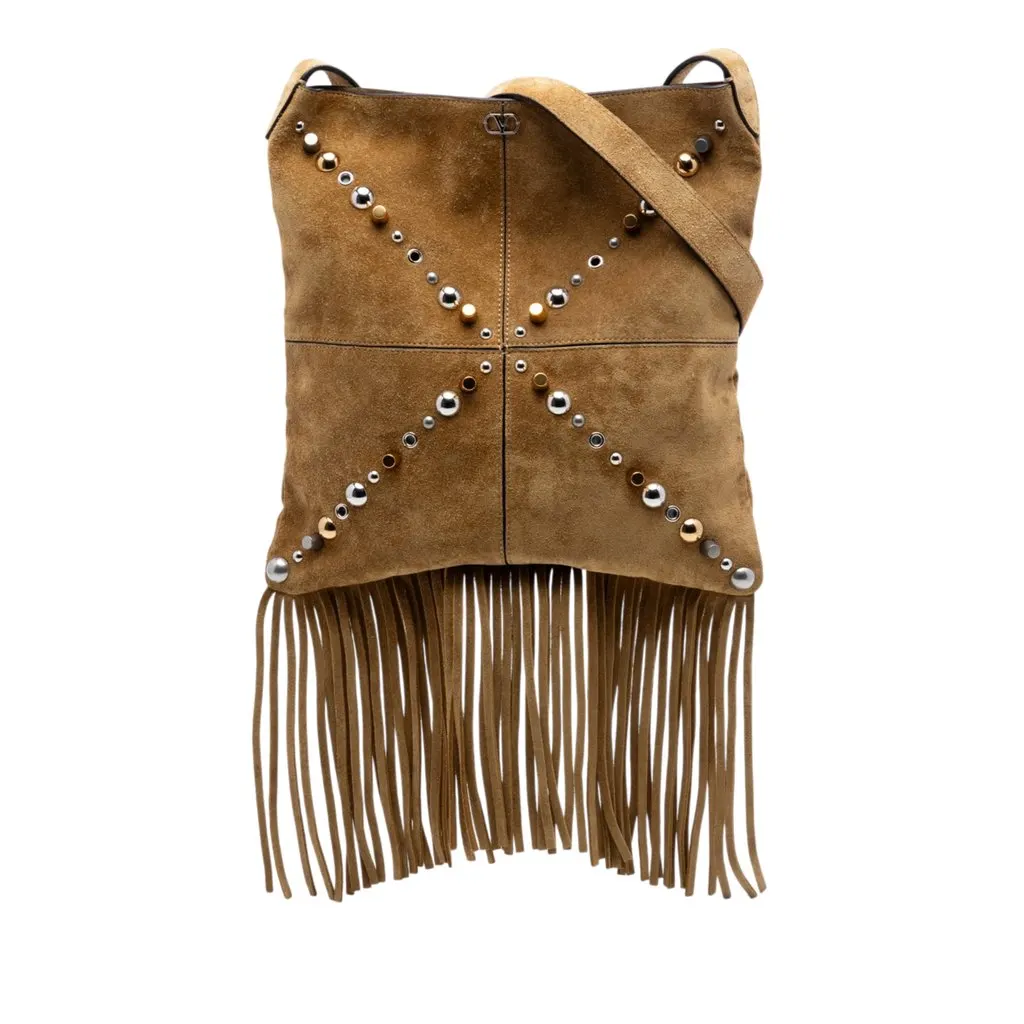 Valentino Suede Studded Nellcote Fringe Crossbody Brown Leather Very good - Front View