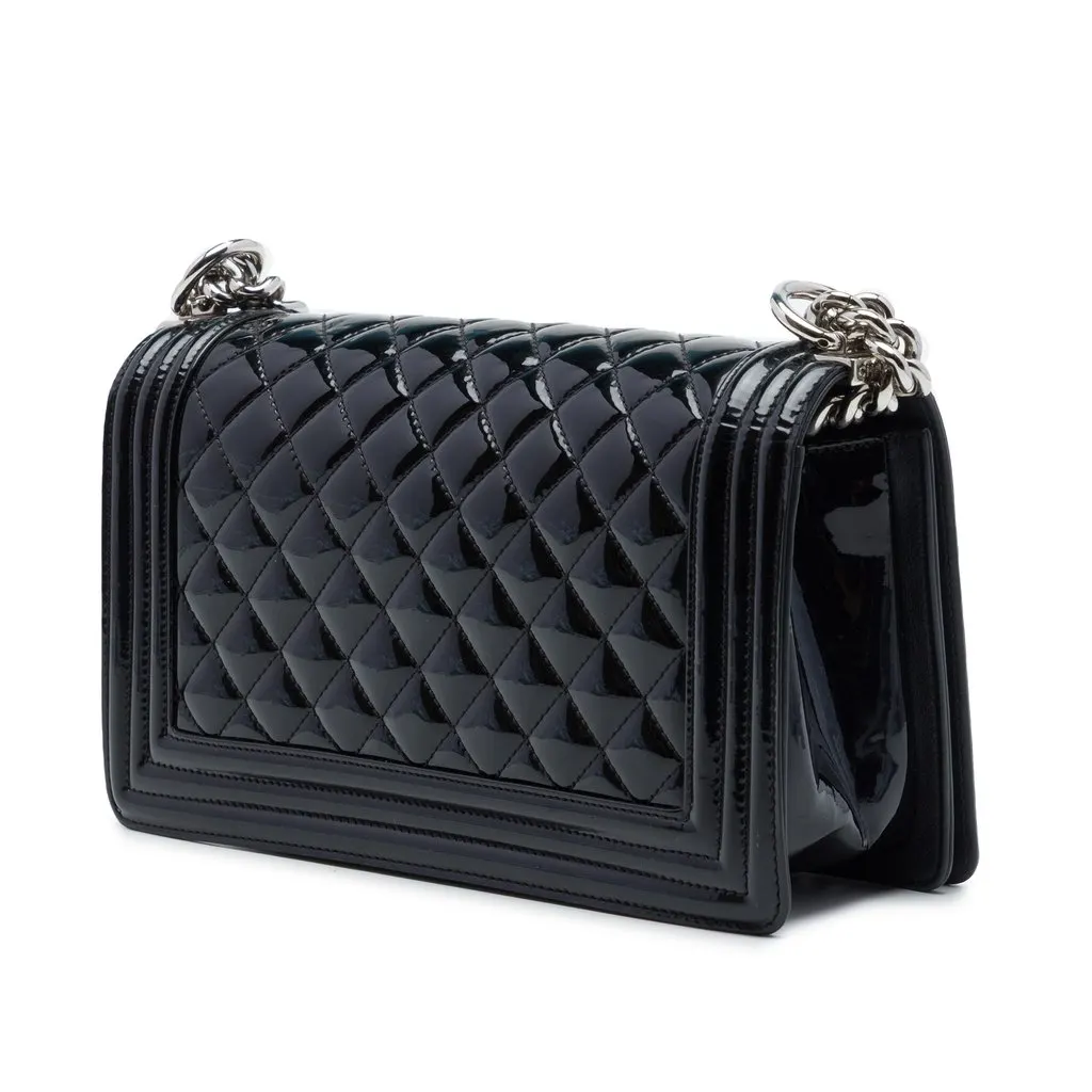 Chanel Old Medium Quilted Patent Acrylic Boy Flap Black Leather Very good - Back View