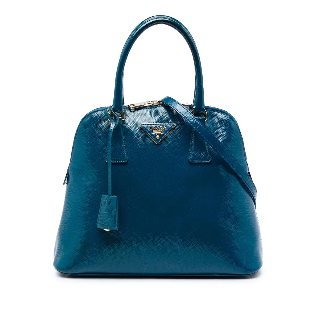 Prada Saffiano Vernice Dome Satchel Blue Leather Good - Front View