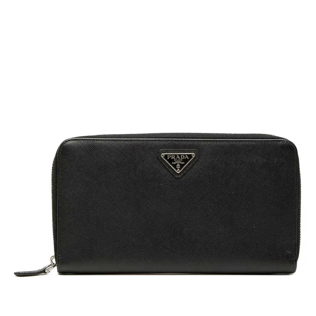 Prada Saffiano Zip Around Travel Wallet Black Leather Very good - Front View