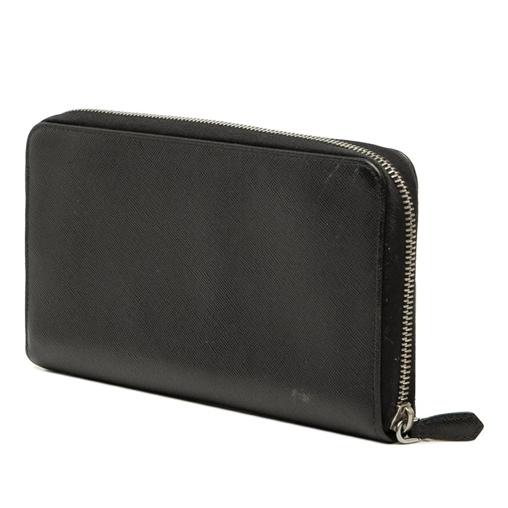 Prada Saffiano Zip Around Travel Wallet Black Leather Very good - Back View