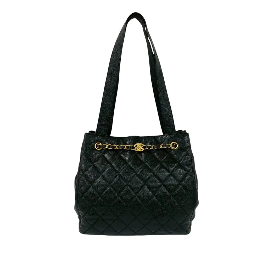 Chanel CC Quilted Caviar Chain Drawstring Tote Black Leather Very good - Front View