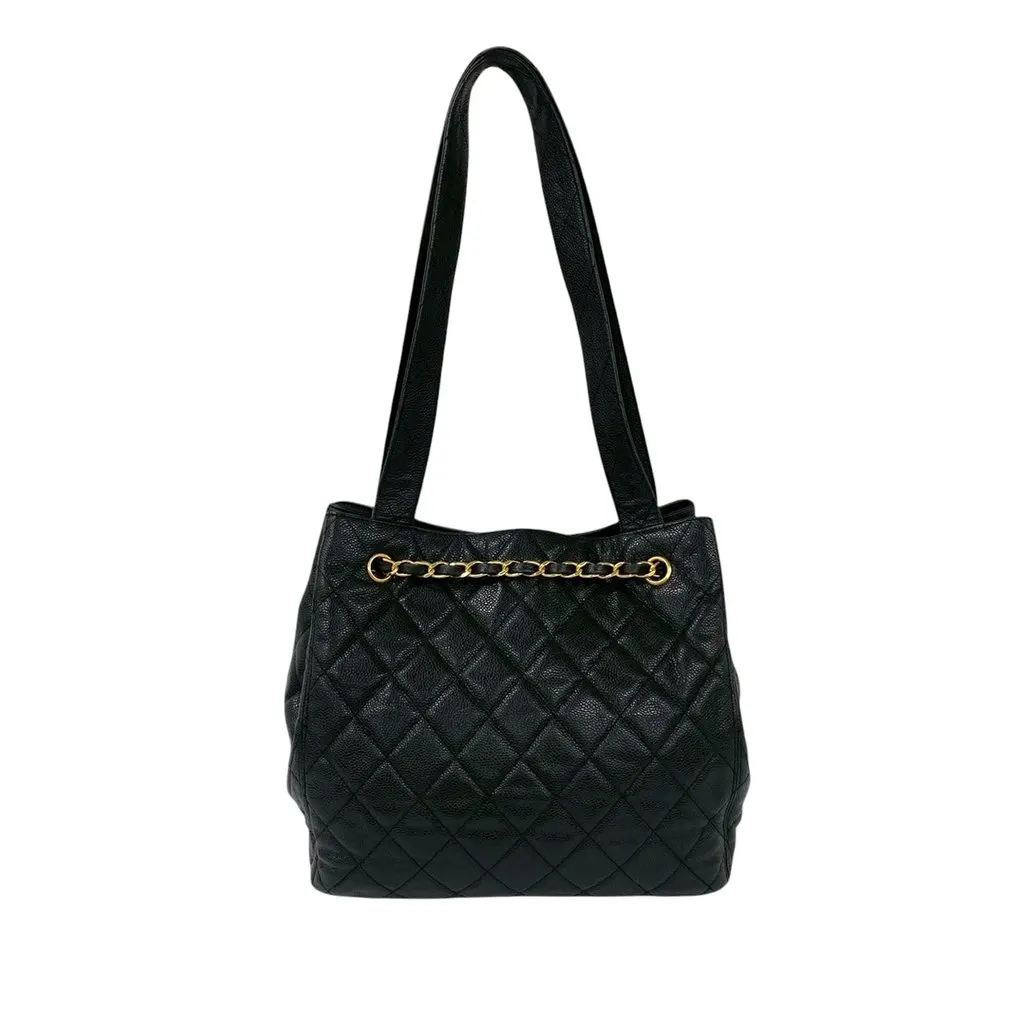 Chanel CC Quilted Caviar Chain Drawstring Tote Black Leather Very good - Back View