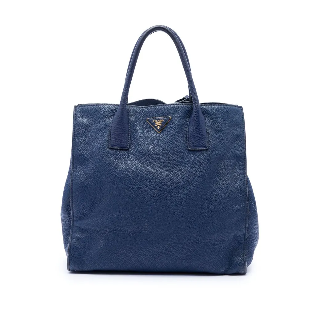 Prada Vitello Daino Open Convertible Tote Blue Leather Very good - Front View