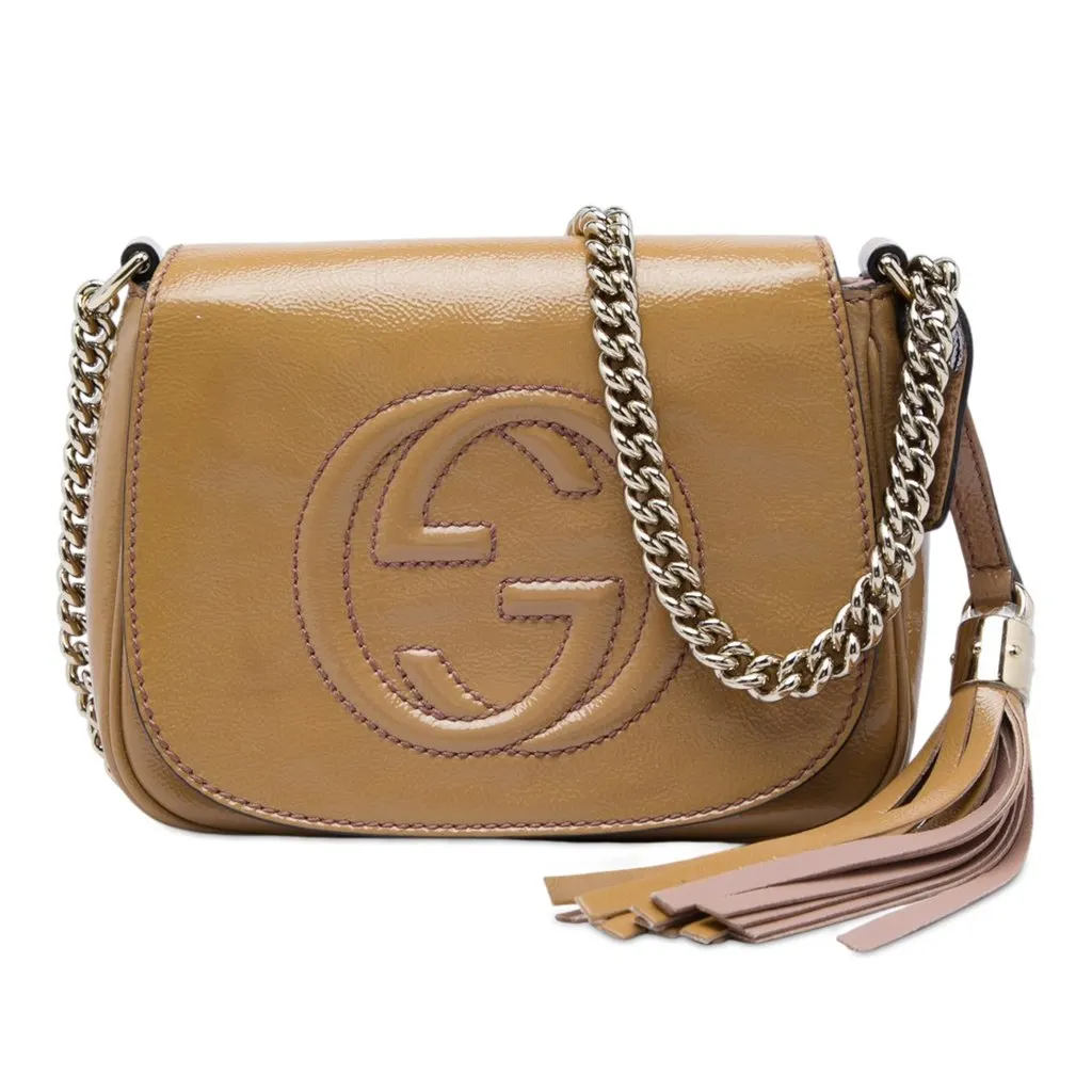 Gucci Small Patent Soho Chain Flap Crossbody Brown Leather Good - Front View