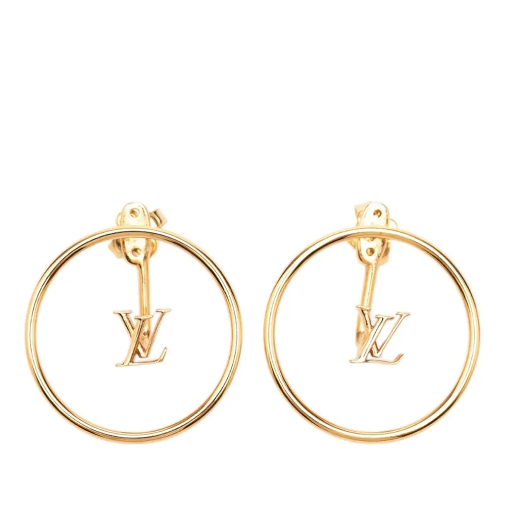 Louis Vuitton Gold Plated LV Eclipse Push Back Earrings Gold Metal Very good - Front View
