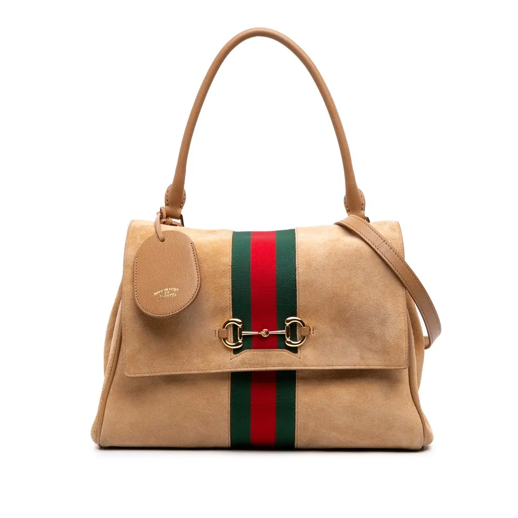 Gucci Medium Suede Web Horsebit Paparazzo Top Handle Bag Beige Leather Very good - Front View