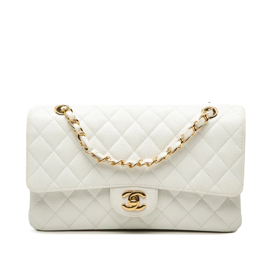Chanel Medium Classic Caviar Double Flap White Leather Very good - Front View