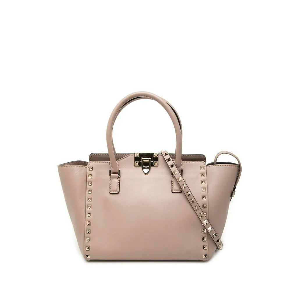 Valentino Small Leather Rockstud Double Handle Tote Brown Leather Very good - Front View
