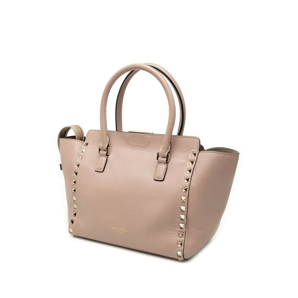 Valentino Small Leather Rockstud Double Handle Tote Brown Leather Very good - Back View