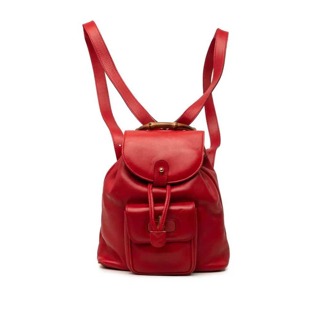 Gucci Calfskin Bamboo Drawstring Backpack Red Leather Very good - Front View