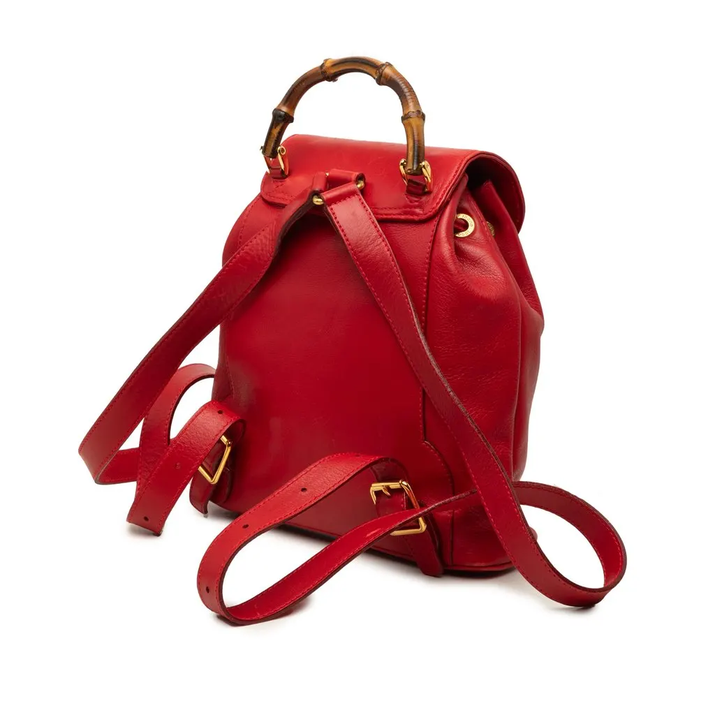 Gucci Calfskin Bamboo Drawstring Backpack Red Leather Very good - Back View