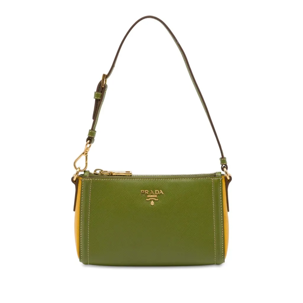 Prada Bicolor Saffiano Shoulder Bag Green Leather Very good - Front View