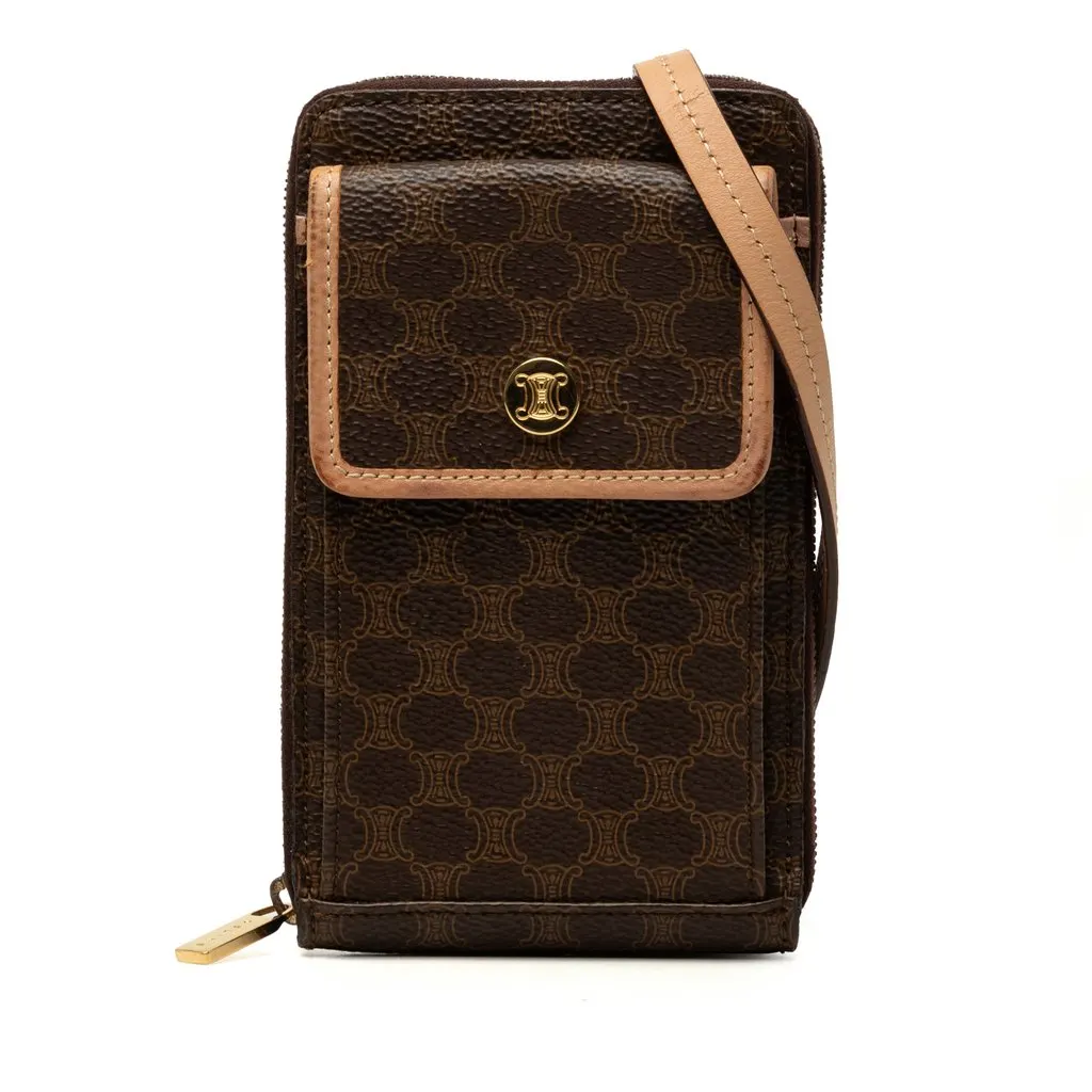 Celine Macadam Coated Canvas Wallet with Strap Brown Canvas Very good - Front View