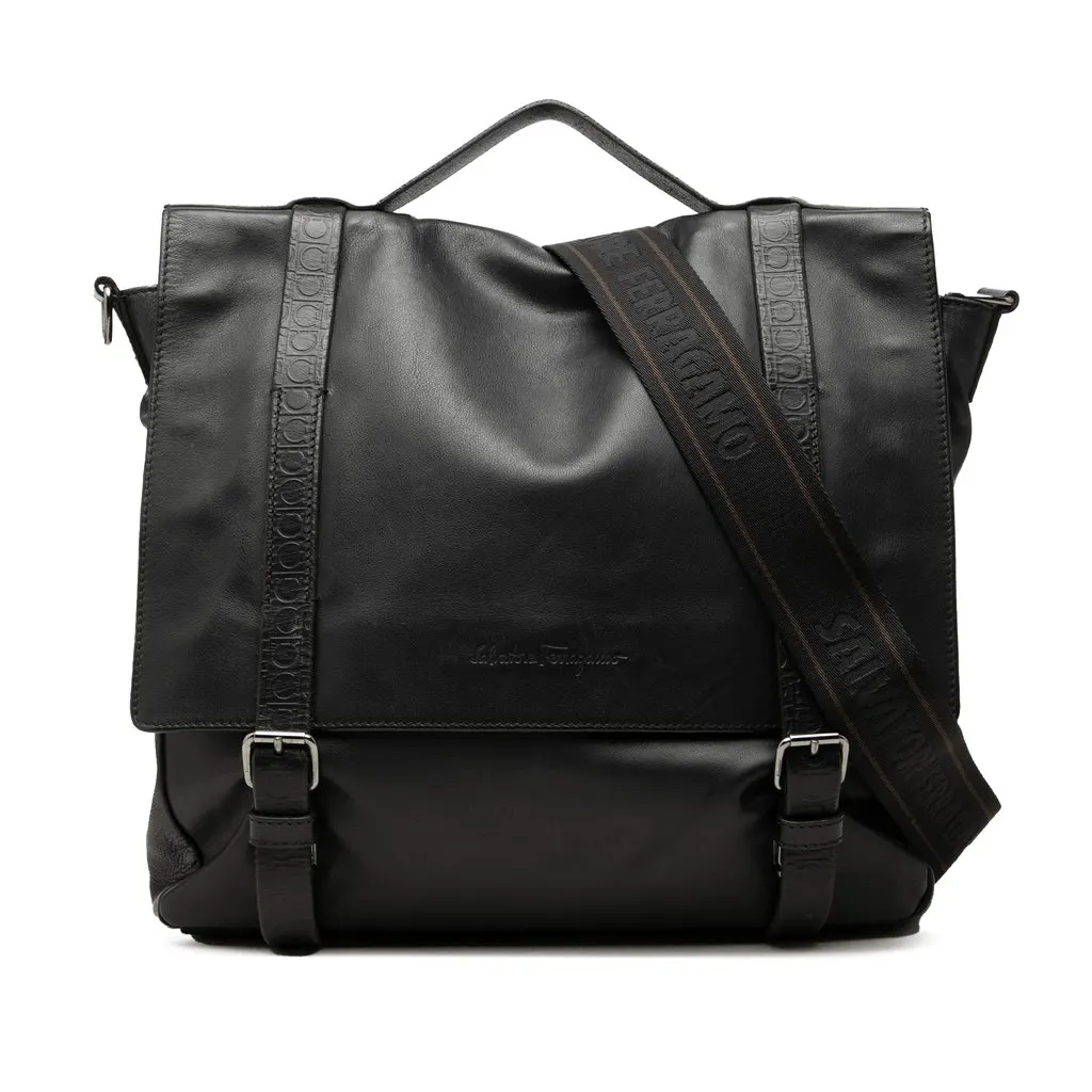 Salvatore Ferragamo Gancini Trimmed Calfskin Messenger Bag Black Leather Good - Front View