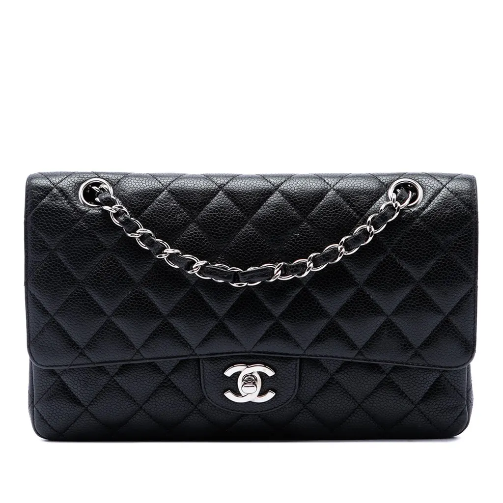 Chanel Medium Classic Caviar Double Flap Black Leather Good - Front View