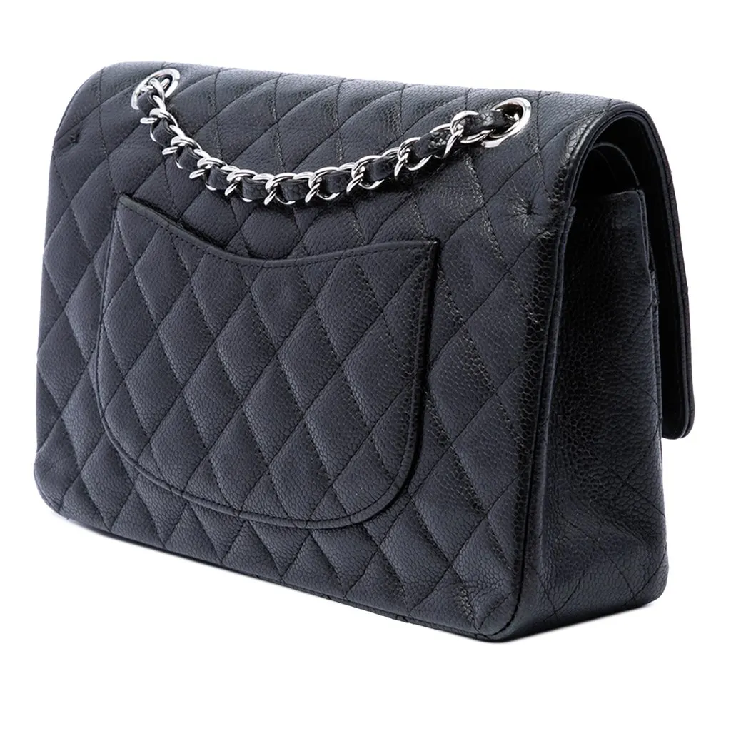Chanel Medium Classic Caviar Double Flap Black Leather Good - Back View