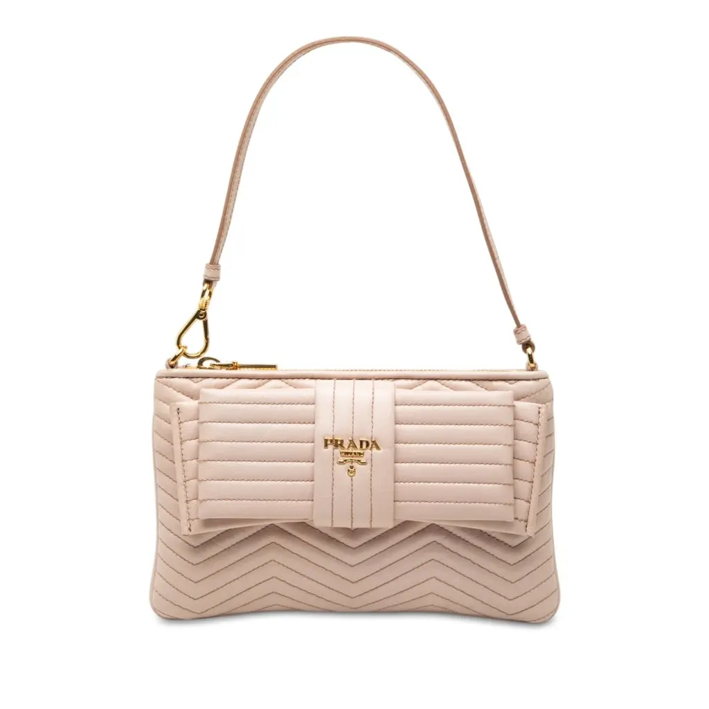 Prada Soft Calf Impunture Diagramme Bow Shoulder Bag Beige Leather Very good - Front View