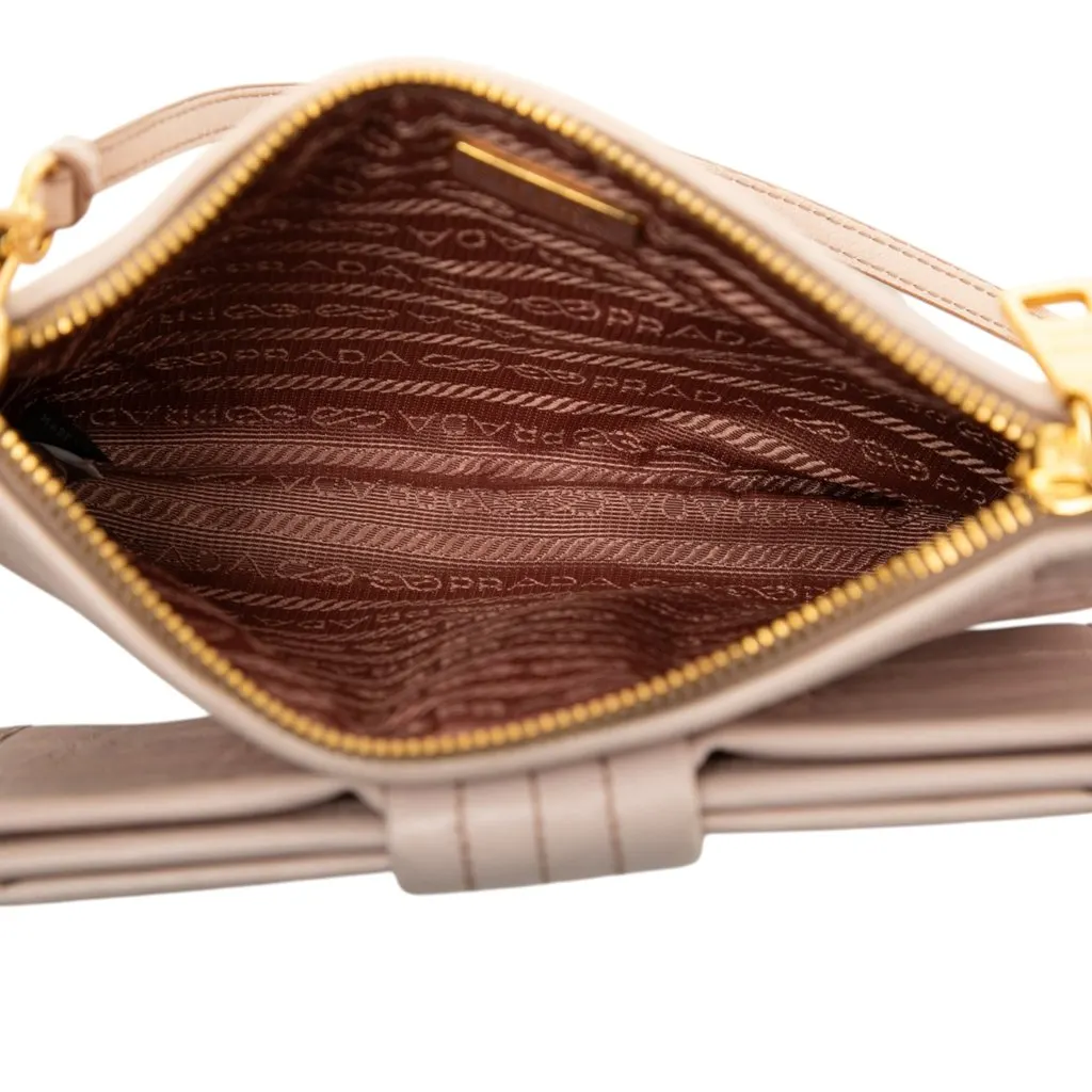 Prada Soft Calf Impunture Diagramme Bow Shoulder Bag Beige Leather Very good - Model View
