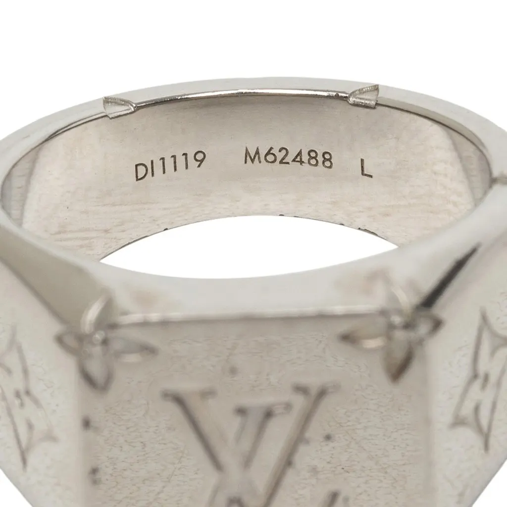 Louis Vuitton Brass Monogram Signet Ring L Silver Brass Very good - Box View