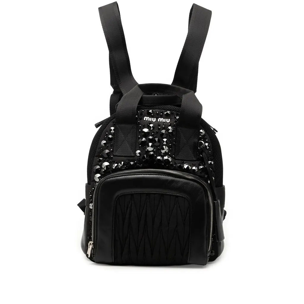 Miu Miu Leather Trimmed Matelasse Crystal Embellished Nylon Backpack Black Very good - Front View