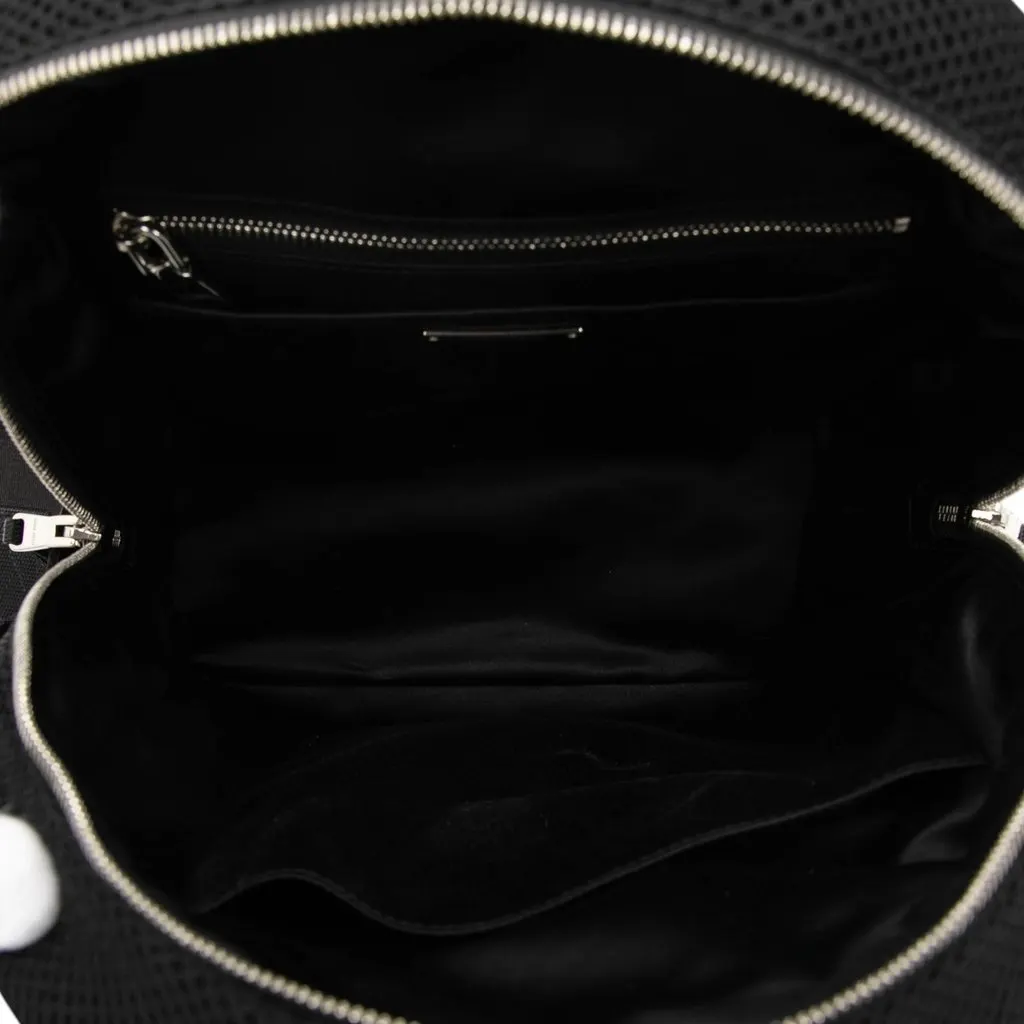 Miu Miu Leather Trimmed Matelasse Crystal Embellished Nylon Backpack Black Very good - Model View