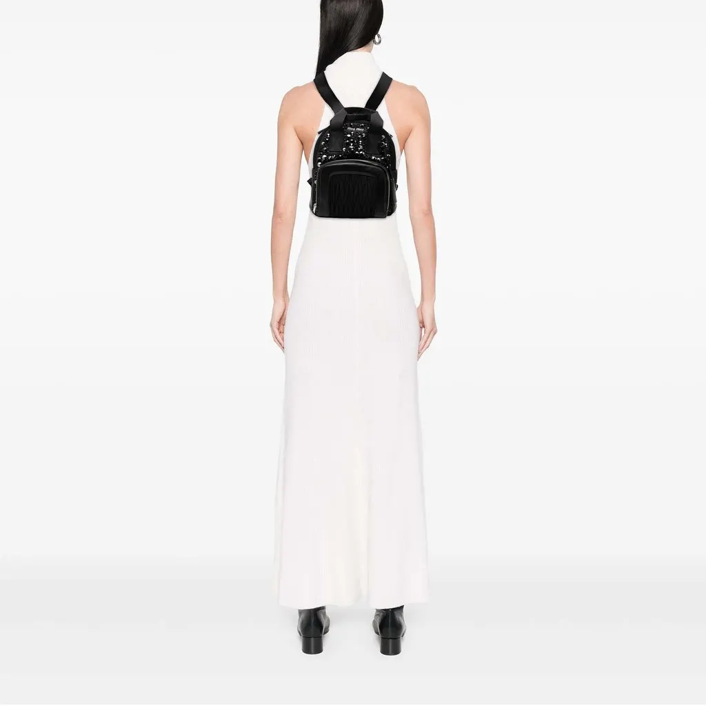 Miu Miu Leather Trimmed Matelasse Crystal Embellished Nylon