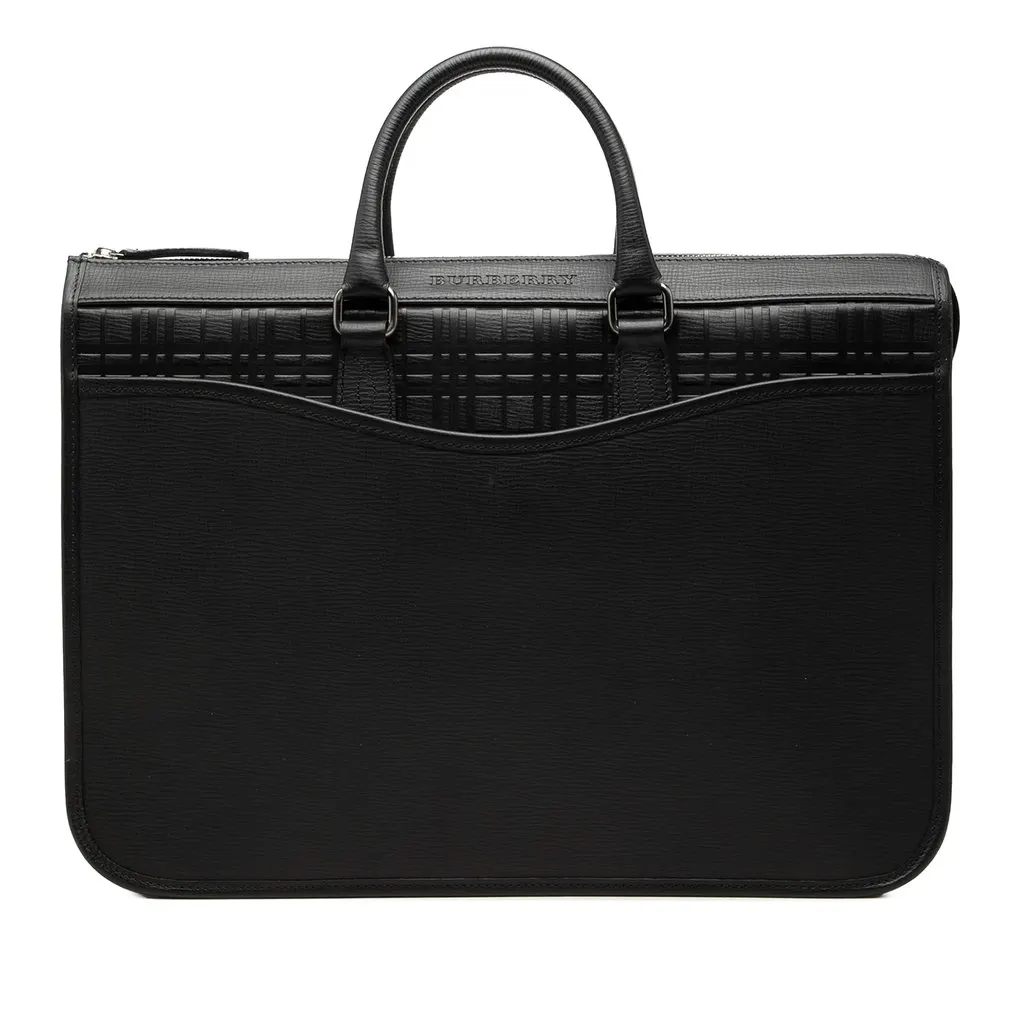 Burberry Check Embossed Trimmed Leather Business Bag Black Leather Very good - Front View