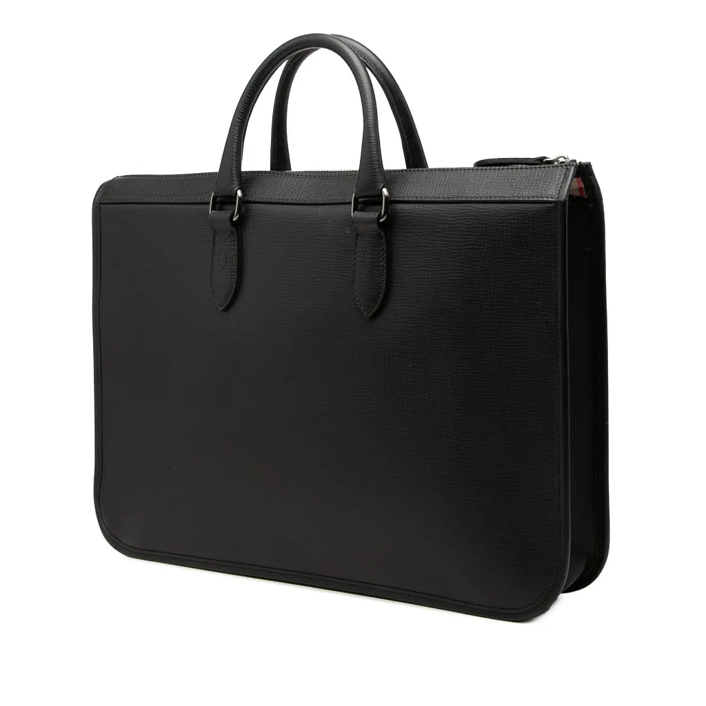 Burberry Check Embossed Trimmed Leather Business Bag Black Leather Very good - Back View