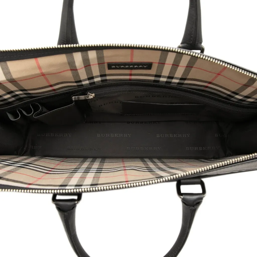 Burberry Check Embossed Trimmed Leather Business Bag Black Leather Very good - Model View