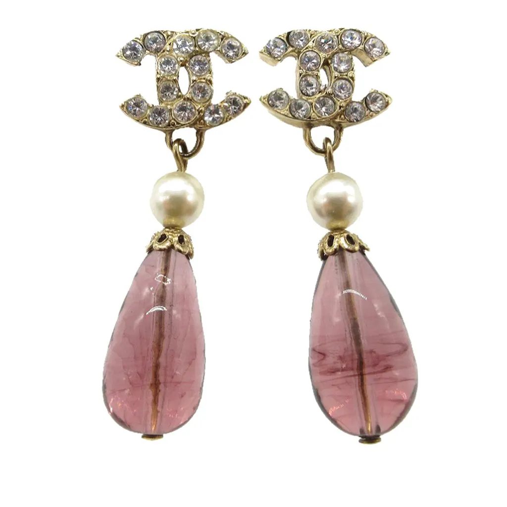 Chanel CC Gold Plated Strass Faux Pearl Push Back Earrings Gold Metal Very good - Front View