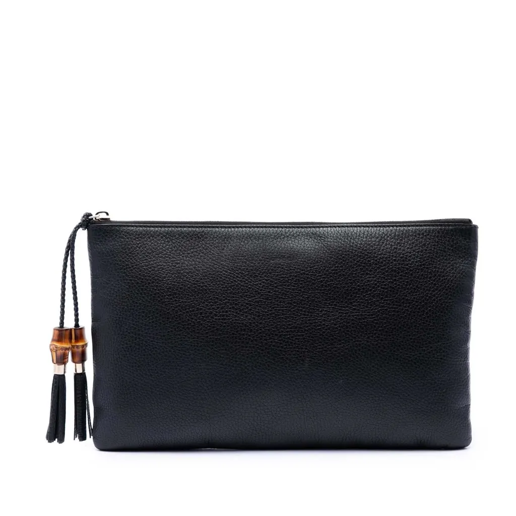 Gucci Calfskin Bamboo Tassel Clutch Black Leather Very good - Front View