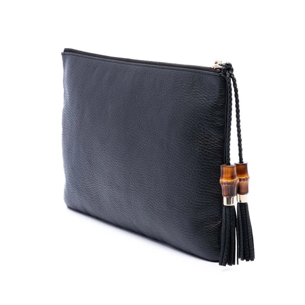 Gucci Calfskin Bamboo Tassel Clutch Black Leather Very good - Back View