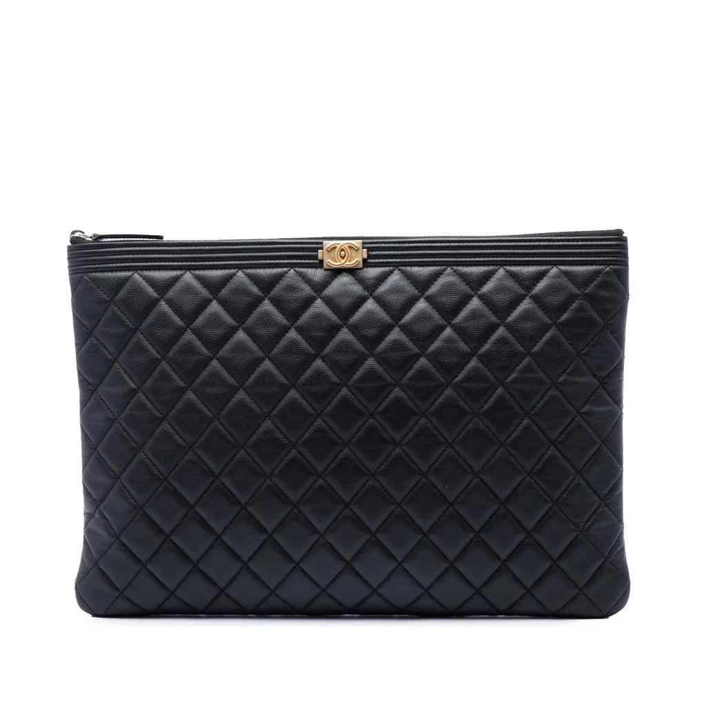 Chanel Large Quilted Caviar Boy O Case Clutch Black Leather Very good - Front View