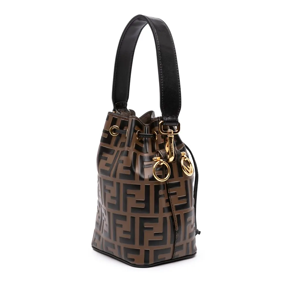 Fendi Mini FF 1974 Embossed Leather Mon Tresor Bucket Bag Brown Leather Very good - Back View