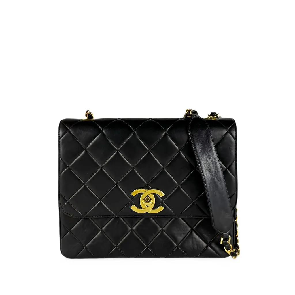 Chanel XL CC Quilted Lambskin Square Single Flap Black Leather Good - Front View