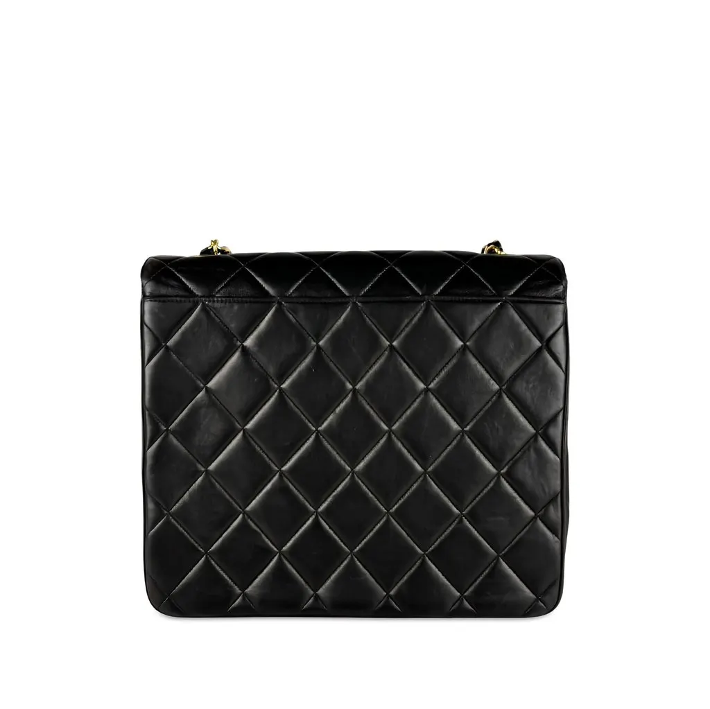 Chanel XL CC Quilted Lambskin Square Single Flap Black Leather Good - Back View